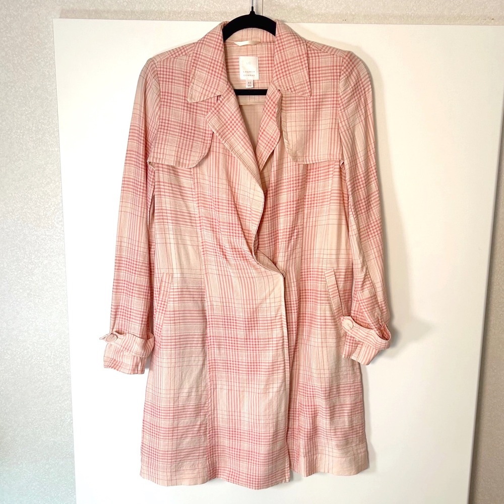 Women's XS Pink Plaid Lightweight Trench coat barbie‎ girly spring office wear
